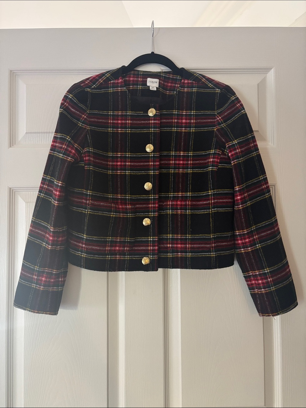 J. Crew Black Plaid Cropped Jacket with Gold Buttons